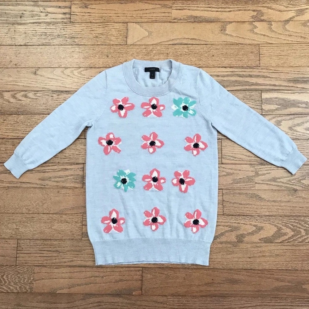 J.Crew Small Baby Blue Flower Pattern Wool Sweater